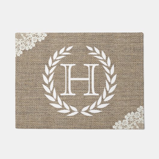 Monogram Wreath Rustic Burlap & Lace Deurmat (Voorkant)
