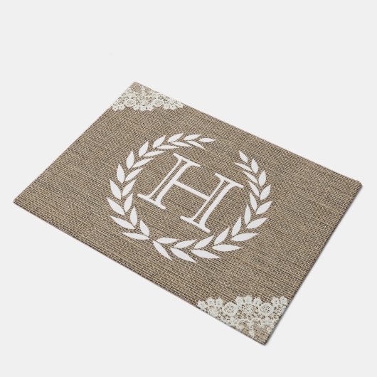Monogram Wreath Rustic Burlap & Lace Deurmat (Schuin)