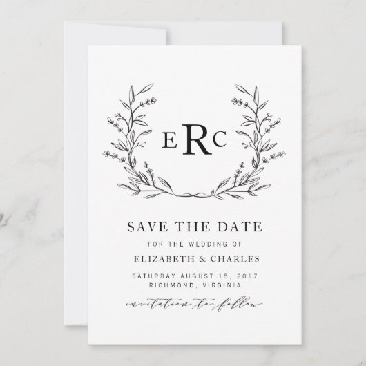 Monogram Wreath sparen de Datum Save The Date (Voorkant)
