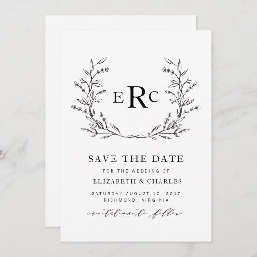 Monogram Wreath sparen de Datum Save The Date (Voorkant / Achterkant)