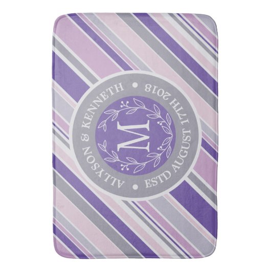 Monogram Wreath Trendy Stripes Paarse Laurel Leaf Badmat (Voorkant Verticaal)