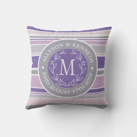 Monogram Wreath Trendy Stripes Paarse Leaf Laurel Buitenkussen (Achterkant)