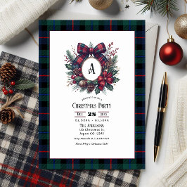 Monogram Wreath Vintage Plaid Christmas Party Kaart