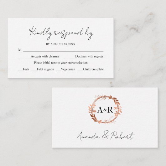 Monogram Wreath Wedding RSVP Enclosure Kaart (Voorkant / Achterkant)