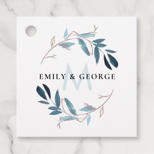 MONOGRAM WREATWEDDING VAN BLAUWE BLAUWE FOLIAGE BEDANKJES LABELS (Voorkant)