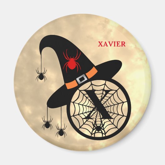 Monogram X Halloween Sky Witch Spiders Name Magnet (Voorkant)