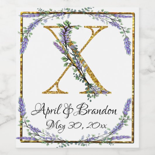 Monogram X, lavender Eucalyptus goudspargel Wijn Etiket (Enkel label)