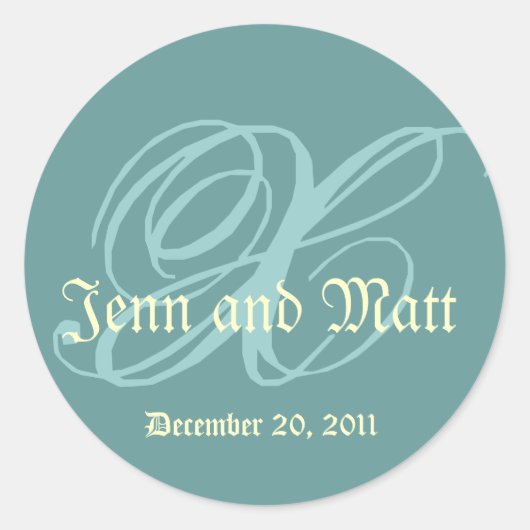 Monogram X Trouwnamen Datum Blue Cream Seal Ronde Sticker (Voorkant)