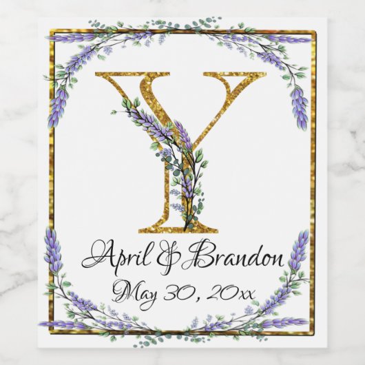 Monogram Y, lavender Eucalyptus, goudspargel Wijn Etiket (Enkel label)