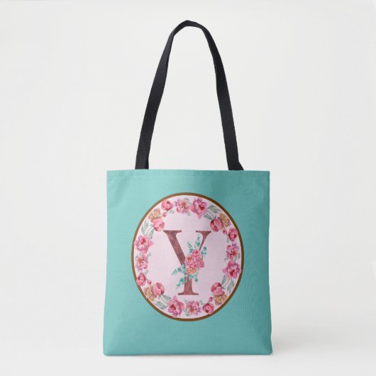 Monogram Y Letter met Peony Flower Afbeelding Canv Tote Bag (Voorkant)