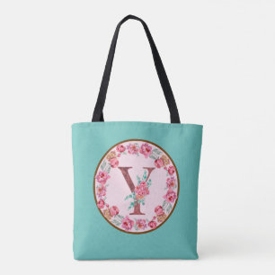 Monogram Y Letter met Peony Flower Afbeelding Canv Tote Bag