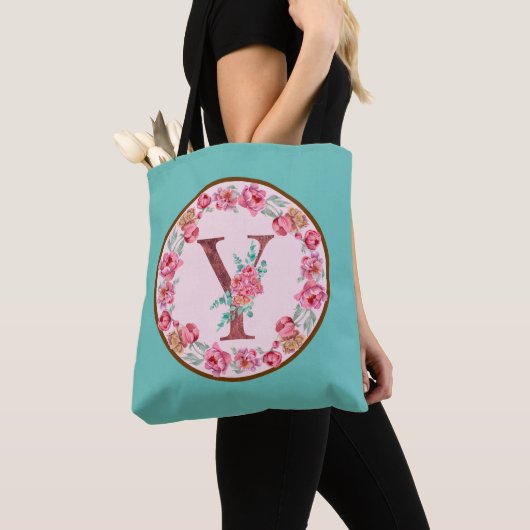 Monogram Y Letter met Peony Flower Afbeelding Canv Tote Bag (Dichtbij)