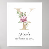 Monogram Y Pink White Floral Gold Letter Neursery Poster (Voorkant)