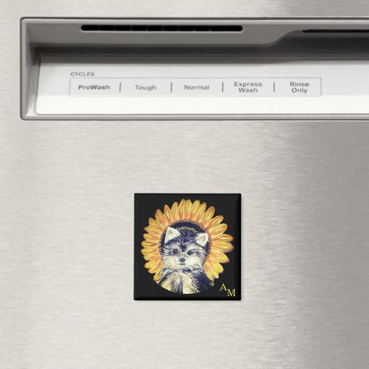 Monogram, Yorkshire Dog & Sunflower op zwart Magneet (Insitu (Vaatwasser))