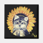 Monogram, Yorkshire Dog & Sunflower op zwart Magneet (Voorkant)