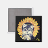 Monogram, Yorkshire hond & zonnebloem op zwart Magneet (Voorkant / Achterkant)