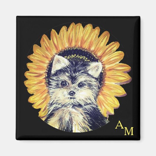 Monogram, Yorkshire hond & zonnebloem op zwart Magneet (Voorkant)
