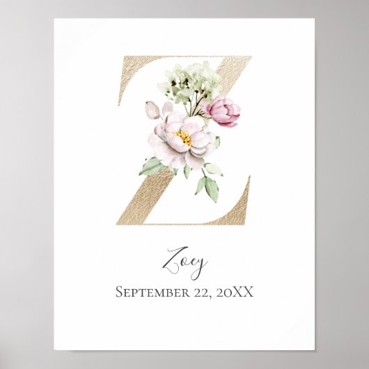 Monogram Z Roze Witte Bloem Gouden Letter Kinderka Poster (Voorkant)