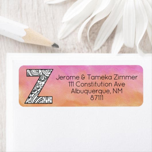 Monogram "Z" Tangle Letter Oranje Roze Waterverf Etiket (Insitu)