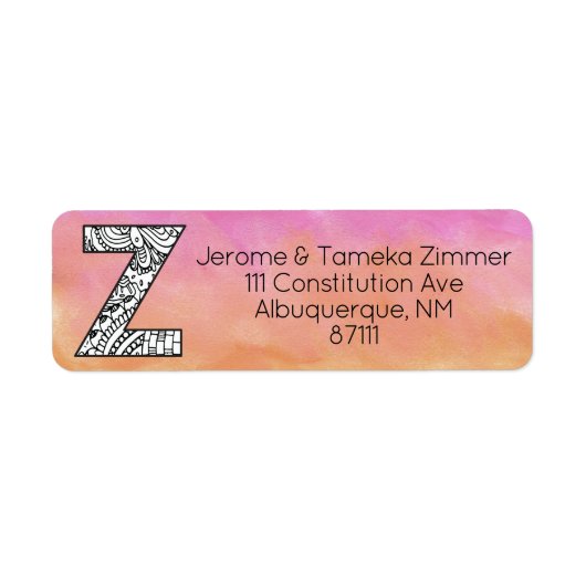 Monogram "Z" Tangle Letter Oranje Roze Waterverf Etiket (Voorkant)
