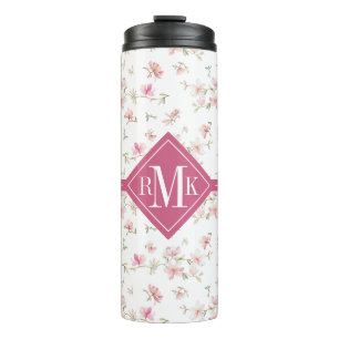 Monogram   Zacht roze Waterverf ventilatorpatroon Thermosbeker