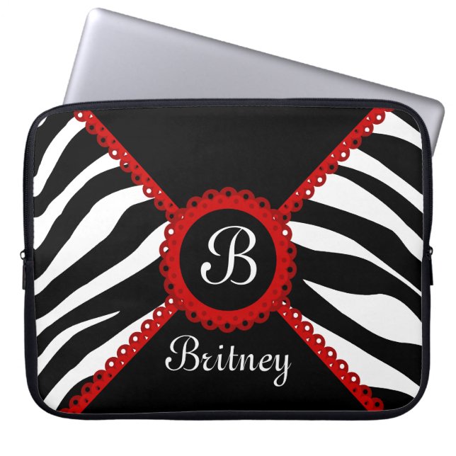 Monogram zebra en rode kant laptop sleeve (Voorkant)