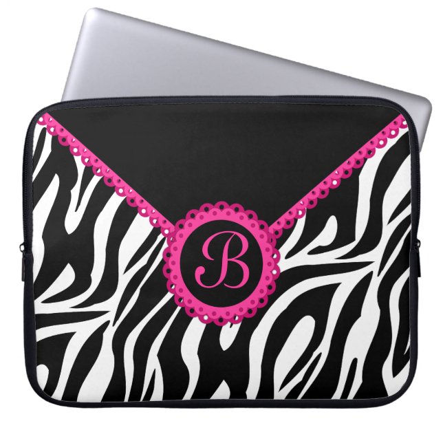 Monogram zebra en Roze kant Laptop Sleeve (Voorkant)