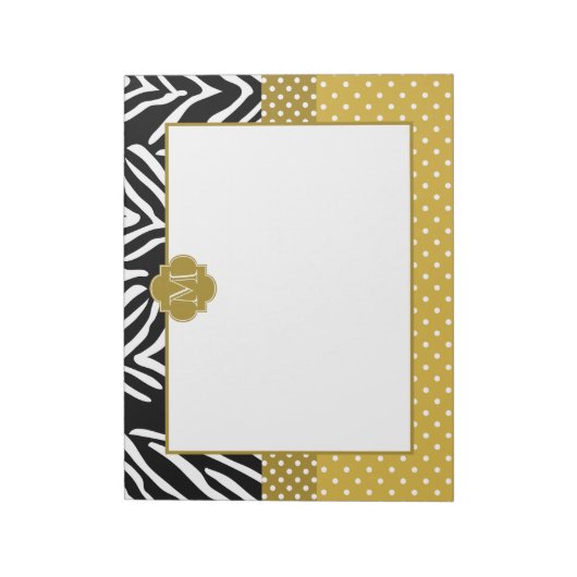 Monogram Zebra met Gold Polka Dot Pattern Notitieblok (Linkerzijde)