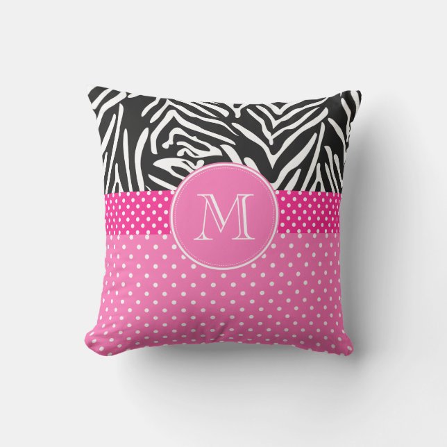 Monogram Zebra met het Hot Pink Polka Dot Pattern Buitenkussen (Voorkant)