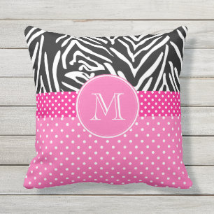 Monogram Zebra met het Hot Pink Polka Dot Pattern Buitenkussen