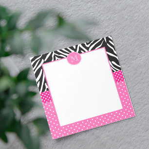 Monogram Zebra met het Hot Pink Polka Dot Pattern Notitieblok
