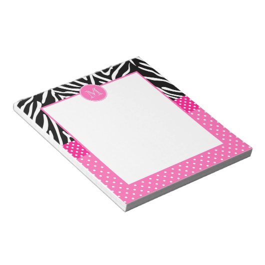 Monogram Zebra met het Hot Pink Polka Dot Pattern Notitieblok (Schuin)