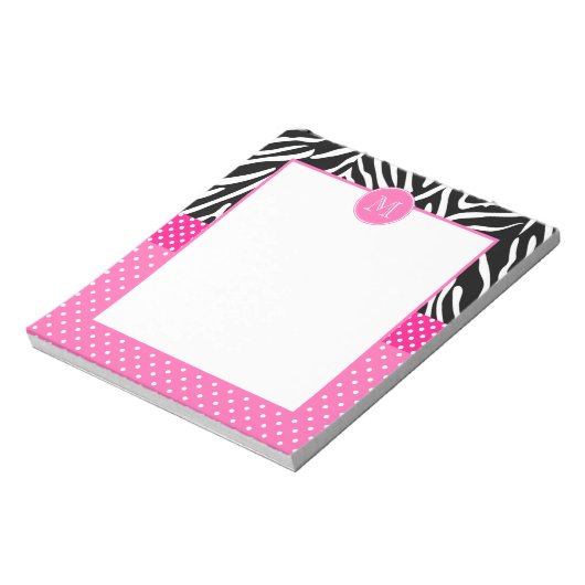 Monogram Zebra met het Hot Pink Polka Dot Pattern Notitieblok (Linkerzijde)