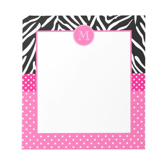 Monogram Zebra met het Hot Pink Polka Dot Pattern Notitieblok (Voorkant)