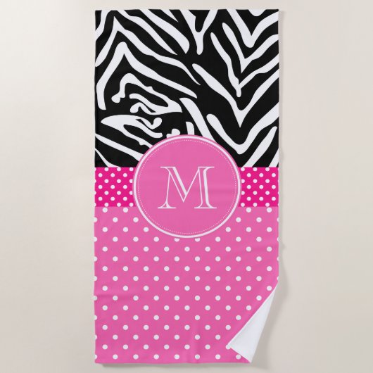 Monogram Zebra met het Hot Pink Polka Dot Pattern Strandlaken (Voorkant)