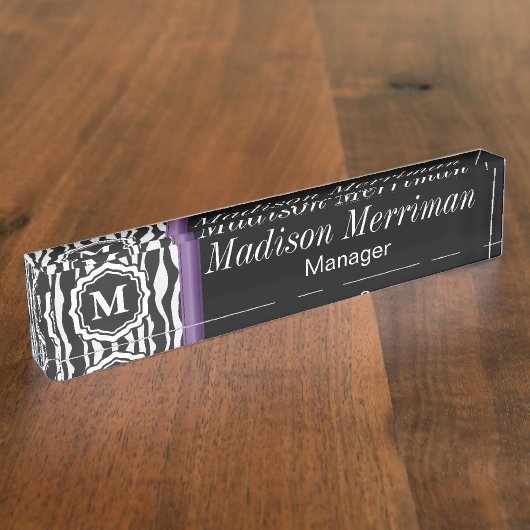 Monogram Zebra Paarse balk Naambordje (Zijkant)