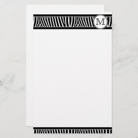 Monogram Zebra Pattern Black White Stationery Briefpapier (Voorkant / Achterkant)