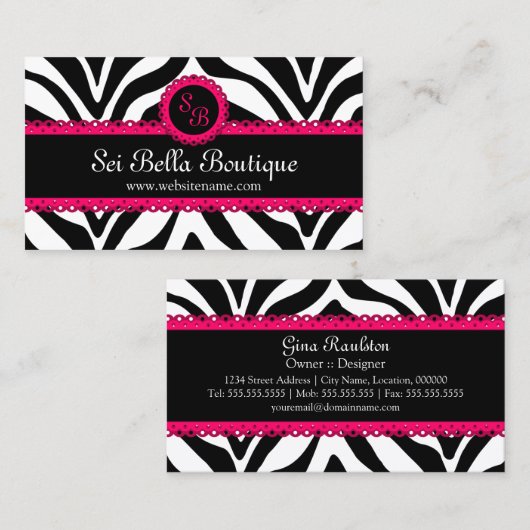 Monogram Zebra Print & Pink Lace Visitekaartje (Voorkant / Achterkant)