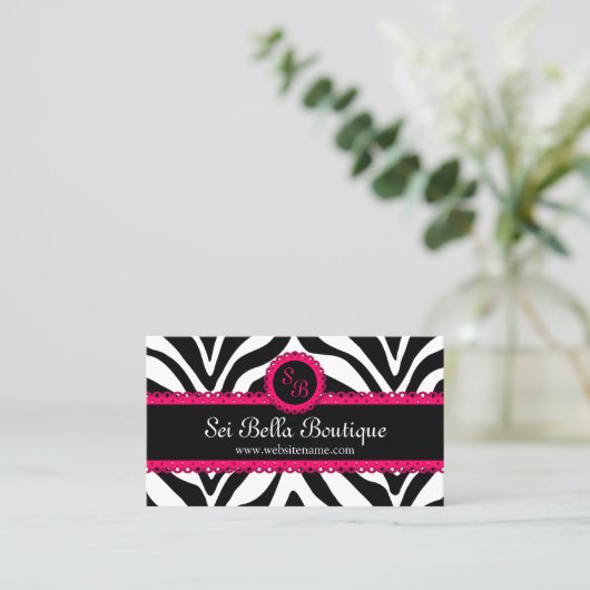 Monogram Zebra Print & Pink Lace Visitekaartje (Staand voorkant)