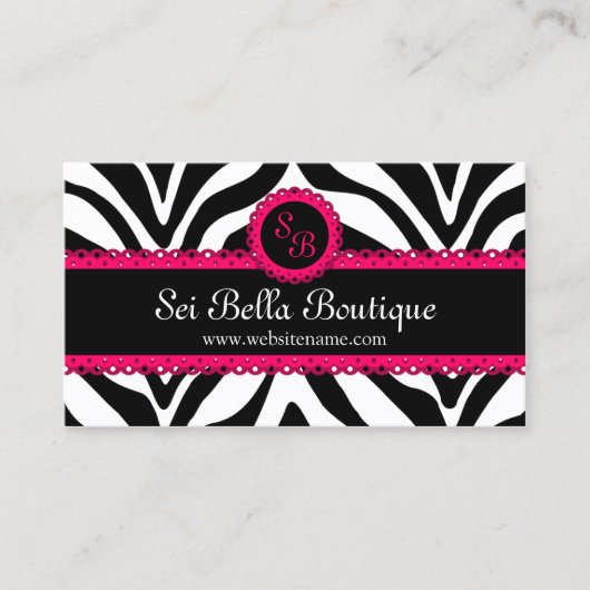 Monogram Zebra Print & Pink Lace Visitekaartje (Voorkant)