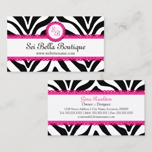 Monogram Zebra Print & Pink Lace Visitekaartje (Voorkant / Achterkant)