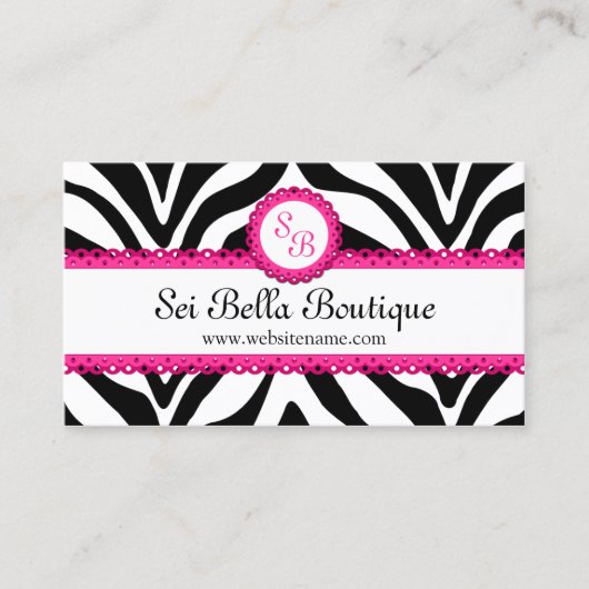 Monogram Zebra Print & Pink Lace Visitekaartje (Voorkant)