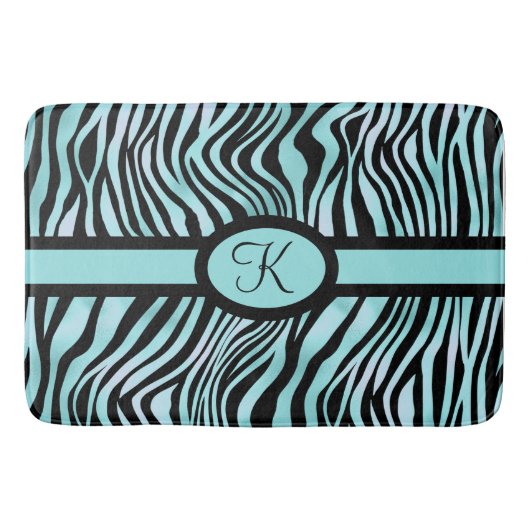 Monogram Zebra print zwart en Blauwgroen Turquoise Badmat (Voorkant)