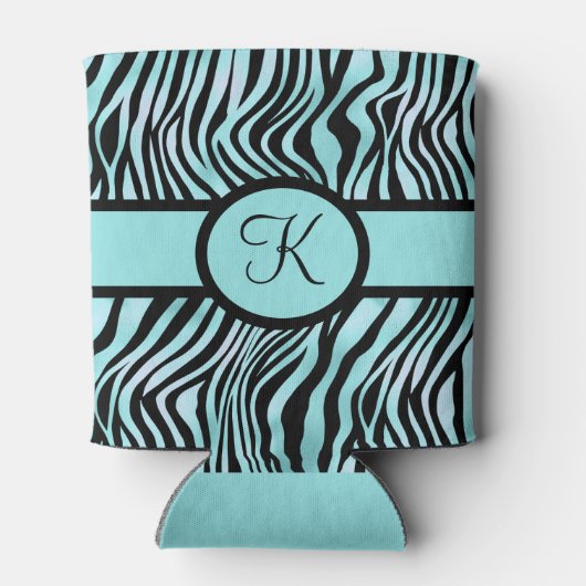Monogram Zebra print zwart en Blauwgroen Turquoise Blikjeskoeler (Achterkant)