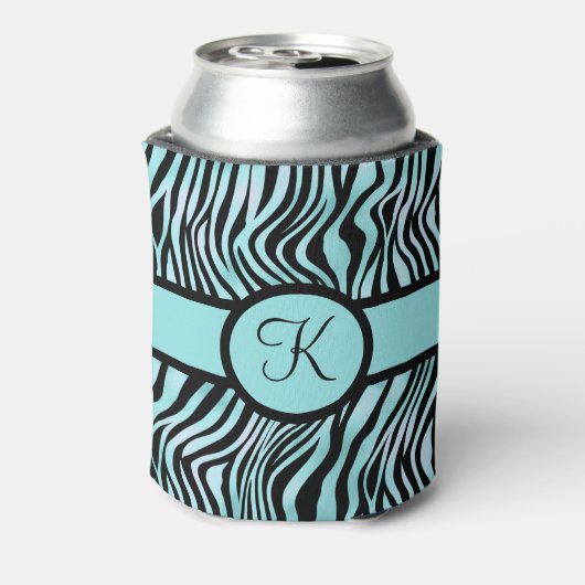 Monogram Zebra print zwart en Blauwgroen Turquoise Blikjeskoeler (Blikje Achterkant)