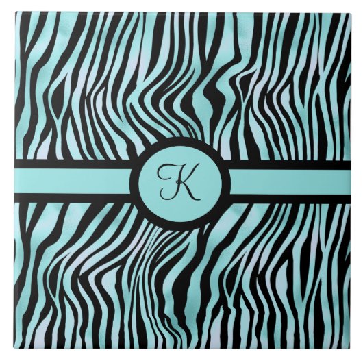 Monogram Zebra print zwart en Blauwgroen Turquoise Tegeltje (Voorkant)
