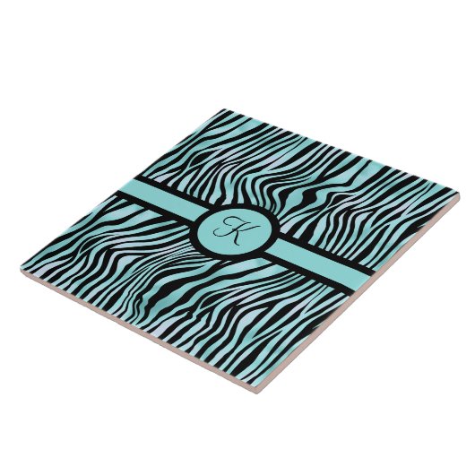 Monogram Zebra print zwart en Blauwgroen Turquoise Tegeltje (Zijkant)