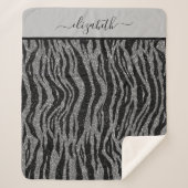 Monogram Zebra Print Zwart en Grijs Zilver Sherpa Deken (Voorkant)