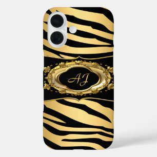 Monogram Zebra Streep Zwart Sierlijk Goud iPhone 16 Hoesje