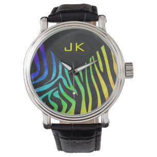 Monogram Zebra, zwart en regenboogdruk Horloge